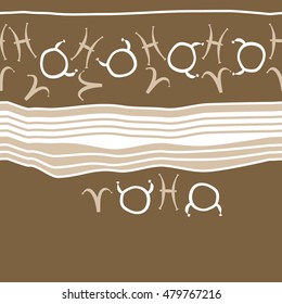 Horizontal striped  pattern with zodiac signs, seamless. Hand drawn.