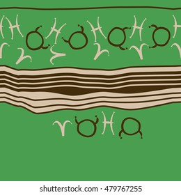 Horizontal striped  pattern with zodiac signs, seamless. Hand drawn.