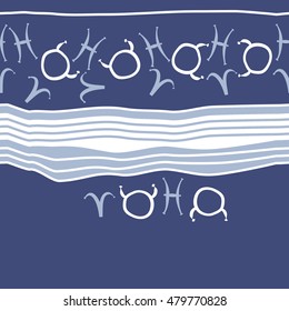Horizontal striped  pattern with zodiac signs, seamless. Hand drawn.