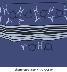 Horizontal striped  pattern with zodiac signs, seamless. Hand drawn.