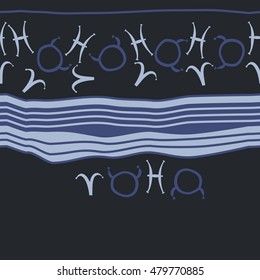 Horizontal striped  pattern with zodiac signs, seamless. Hand drawn.
