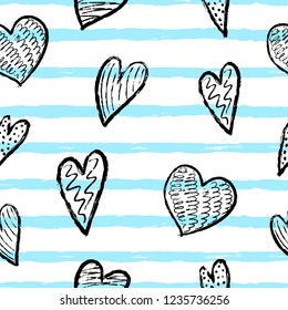 Horizontal striped seamless pattern. Hand-drawn dry brush blue stripes with diferent hearts. Template for design, postcards, print, poster, party, Valentine's day, vintage textile. Vector.