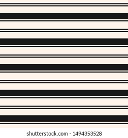 Horizontal stripes pattern. Simple vector seamless texture with thin and thick lines. Modern abstract black and white geometric striped background. Monochrome repeat design for tileable print, decor