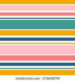 Horizontal stripes seamless pattern. Simple vector texture with thin and thick lines. Abstract geometric striped background in bright colors, yellow, teal green, navy blue, pink. Modern repeat design 