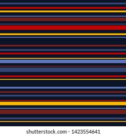 Horizontal stripes seamless pattern. Vector colorful lines texture. Abstract geometric striped background. Thin and thick strips. Red, maroon, yellow, blue, navy and black color. Simple repeat design