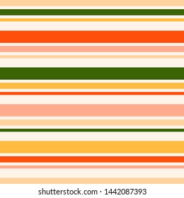 Horizontal stripes seamless pattern. Vector colorful lines texture. Abstract geometric striped background. Thin and thick strips. Green, coral, red, yellow, beige color. Simple minimal repeat design