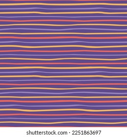 Horizontale Streifen einfache, nahtlose geometrische Muster, orangefarbener, roter, violetter Hintergrund. Handgezeichnete Vektorgrafik. Childische Textur. Design-Konzept Kinder Modedrucke, Textilien, Stoff, Tapeten