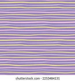 Horizontal stripes simple seamless geometric pattern, yellow, pink, violet background. Hand drawn vector illustration. Childish texture. Design concept kids fashion print, textile, fabric, wallpaper