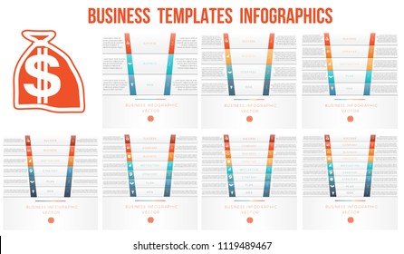 Horizontal strips for text.  Templates for 3, 4, 5, 6, 7, 8, 9 positions. Can be used for Business presentation, Web design, infograph, Data Visualization. Set of business icons. 