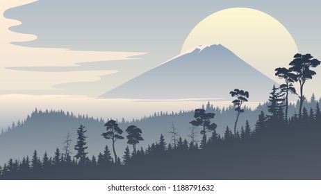 Horizontal stylized illustration with coniferous forest hills and mountain peak in blue tone.