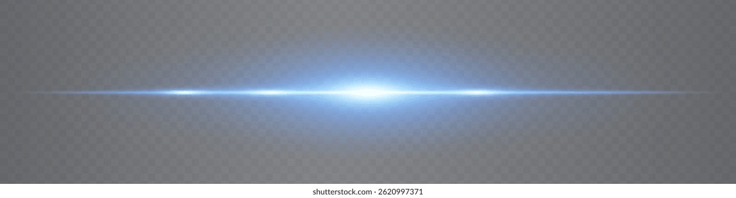 Horizontal destello azul sutil de la lente aislado en fondo transparente. Haz luminoso minimalista ideal para UI, efectos digitales y gráficos tecnológicos. Ilustración vectorial EPS.