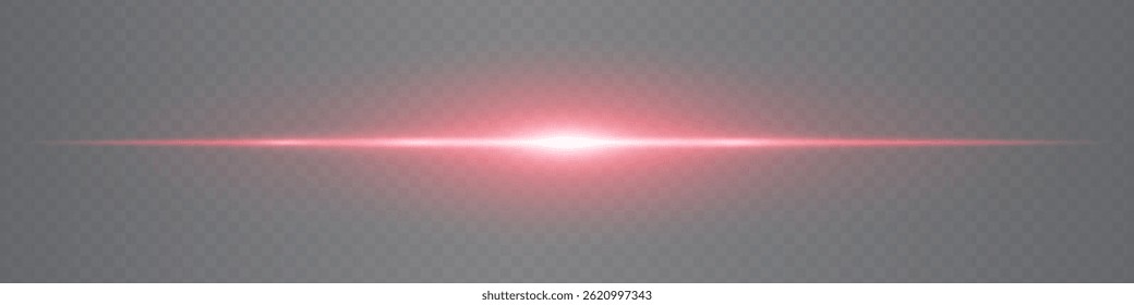 Horizontale, subtile rote Linsenfackel einzeln auf transparentem Hintergrund. Minimalistischer Leuchtstrahl, ideal für Benutzeroberfläche, digitale Effekte und technische Visuals. EPS-Vektorgrafik.