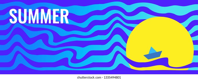 Horizontal summer abstract blue banner.  Excited Sea and bright yellow sun. Ship on the waves against the bright circle of the sun.