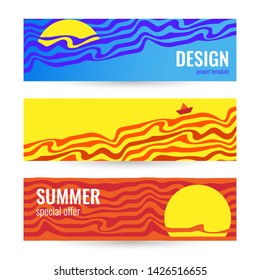 Horizontal summer abstract blue and yellow banner. Blue sea and bright yellow sun. Ship on the waves against the hot summer.