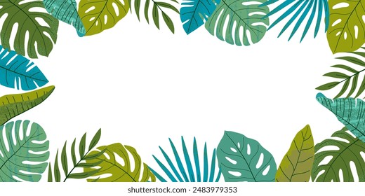 Horizontal summer backdrop with copy space. Grunge textured leaves of palm and monstera. Flat illustration for banner, advertising, poster, social media