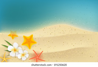 Horizontal summer backgound - sea and sand with tropical flowers and starfishes