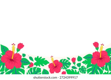 Horizontal summer background with a decorative bottom footer of vivid hibiscus and monstera leaves. Flat vector floral template with copy space for beach party posters and advertisements.