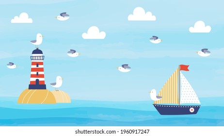 Horizontal summer background design with cartoon lighthouse, sailboat, and seagulls. Nautical background design for web banner, wallpaper, video, social media header, and more.