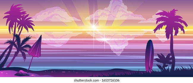 Fondo horizontal de verano con palmeras, paraguas, tablas de surf, playa, puesta de sol y océano. Paraíso marino con arboles tropicales. Idílica vista para anuncios de turismo, banners web, volantes.