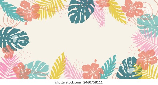 Horizontal fondo de verano con hojas tropicales y flores con efecto superpuesto. Cubierta Abstractas para el Anuncio de Web, Anuncio de redes sociales, postal, invitación. Concepto de vacaciones de verano.Tema de playa.Vector