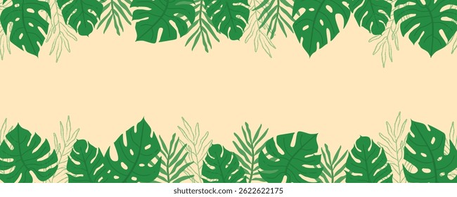 Horizontal summer banner with beige background and tropical leaves border. Great for social media headers, website banners, or seasonal ads.