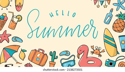 banner de verano horizontal decorado con doodles y letras. Es bueno para carteles, tarjetas de felicitación, plantillas, invitaciones, etiquetas, etc. EPS 10