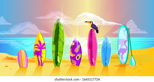 Horizontal summer banner with different types of surfboards standing on the sunny beach. Coastline view with toucan, sun flares, clouds, azure ocean. Exotic vacation concept in cartoon style 