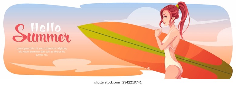 Horizontal summer banner with a girl with surfboard. Summer vacation at sea, beach vibe, holidays, active vacation. Summer background for poster, flyer, advertising