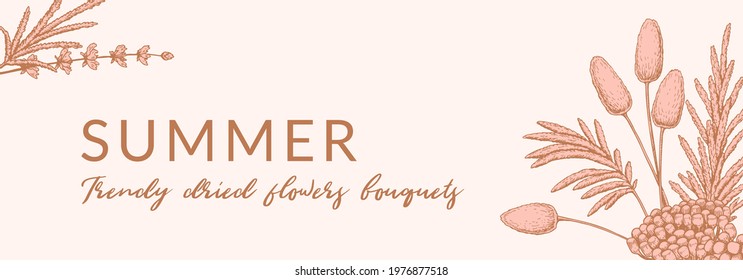 Horizontal summer banner with hand drawn modern floristry. Vector illustration in sketch style