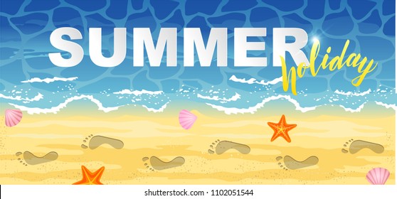 Horizontal Summer Banner. Summer Holiday Vector Banner Design With Colorful Beach Elements. Footprints In The Sand. Vector Illustration.