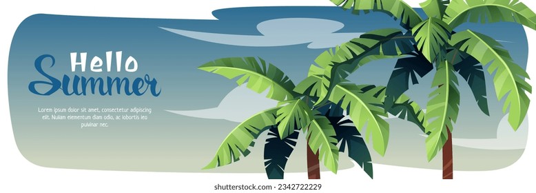 Horizontal summer banner with palm trees. Summer vacation at sea, beach vibe, holidays.Tropical background for poster, flyer, advertising
