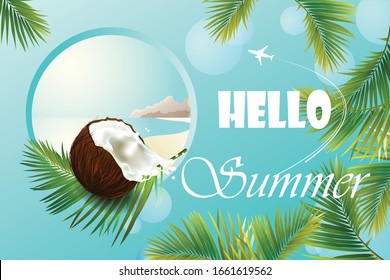 Horizontal summer banner with sea beach in a round frame. Surrounded by palm leaves and coconut, against the blue sky, with the inscription. Creative vector illustration.