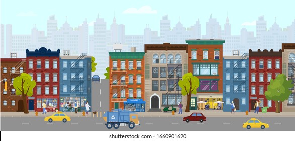 Panorama horizontal de la ciudad de verano con casas, tiendas, gente, camiones, rascacielos al fondo.Calle de la ciudad. Ilustración vectorial plana. 