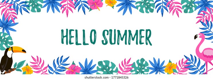 Horizontal summer design with hand drawn elements for banners, letters, invitation, messages, social media, cards. Vector illustration. Space for text. Hello summer lettering