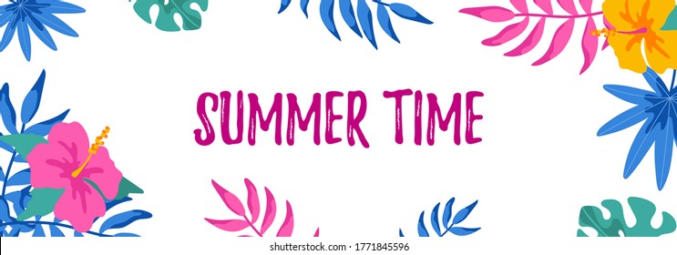 Horizontal summer design with hand drawn elements for banners, letters, invitation, messages, social media, cards. Vector illustration. Space for text. Summer time lettering