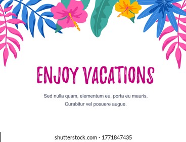 Horizontal summer design with hand drawn elements for banners, letters, invitation, messages, social media, cards. Vector illustration. Space for text. Enjoy vacation lettering