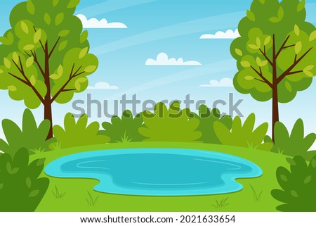Horizontal summer forest landscape. A forest with trees, bushes, and a lake. Clear weather. Color vector illustration. Nature background with empty space for text.