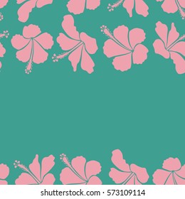 Horizontal summer hawaiian seamless pattern with tropical plants and pink and blue hibiscus flowers with copy space (place for your text). Vector illustration.