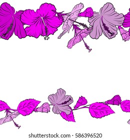 Horizontal summer hawaiian seamless pattern with tropical plants and hibiscus flowers in pink and magenta colors with copy space (place for your text). Vector illustration on white background.