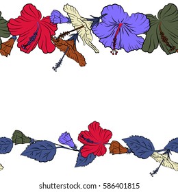 Horizontal summer hawaiian seamless pattern with tropical plants and hibiscus flowers in red, green and violet colors with copy space (place for your text). Vector illustration on white background.