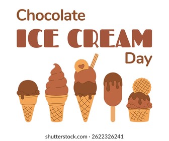 Horizontal summer poster, greeting postcard Chocolate Ice Cream Day. Soft gelato, melted scoop ice cream of in waffle cone on white background. Hand drawn flat Vector illustration EPS10 