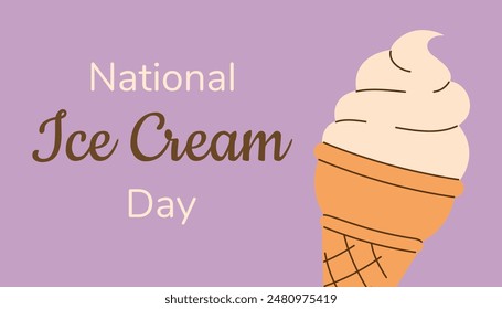 Horizontal summer poster, postcard National Ice Cream Day. Soft vanilla ice cream, gelato in a waffle cone on a purple background. Hand drawn Flat Vector illustration EPS10