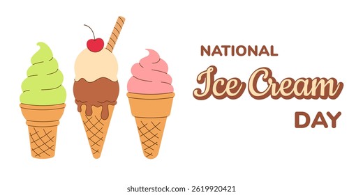 Horizontal summer poster, postcard National Ice Cream Day. Soft vanilla, chocolate gelato, melted scoop ice cream, of in waffle cone on white background. Hand drawn flat Vector illustration EPS10