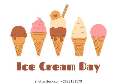 Cartaz de verão horizontal, cartão postal Dia Nacional do Sorvete. Gelato de chocolate de baunilha macia, gelado derretido, de em cone de waffle sobre fundo branco. ilustração de vetor plana desenhada à mão EPS10