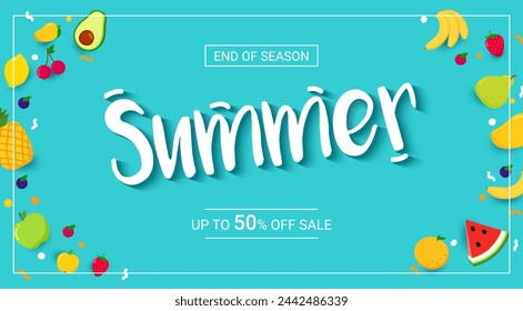 Horizontal summer sale banner with bright fruit on blue background. Colorful Summer layout banner design. Discount Offer. concept for promo. Up to 50 sale. Vector illustration