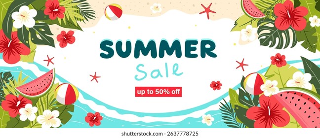 Horizontal summer sale banner with tropical flowers, leaves, watermelon, beach ball, and ocean. Bright vector template for promotion, advertising, or social media. Up to 50% off.
