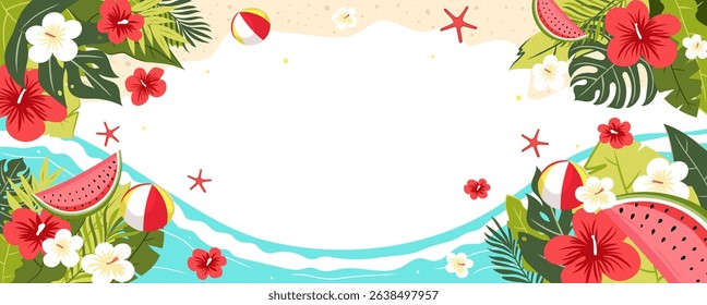 Horizontal summer sale banner with tropical flowers, leaves, watermelon, beach ball, and ocean. Bright vector template for promotion, advertising, or social media