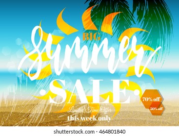 Horizontal summer sale poster template with sunny beach landscape, sand, palm leaves, seashells, water line. Vector illustration.