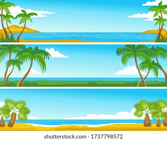 Horizontal summer sand sea shore beach or island backgrounds or banners set with palm trees, flat vector illustration. Tropical nature panorama landscape.