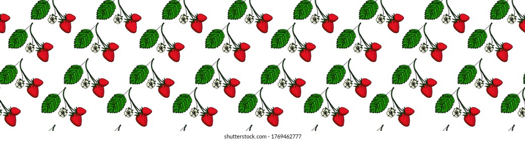 Horizontales nahtloses Muster im Cartoon-Stil auf weißem Hintergrund mit roten Erdbeeren und grünen Blättern. Botanische Vektorgrafik. Cute helles Design für Küchentextilien, Verpackungspapier